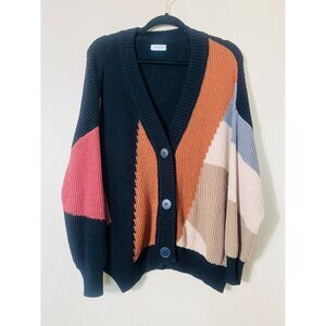 Vtg Vestique Y2K Colorblock Oversized Cardigan Grandpa Sweater Medium Earth Tone